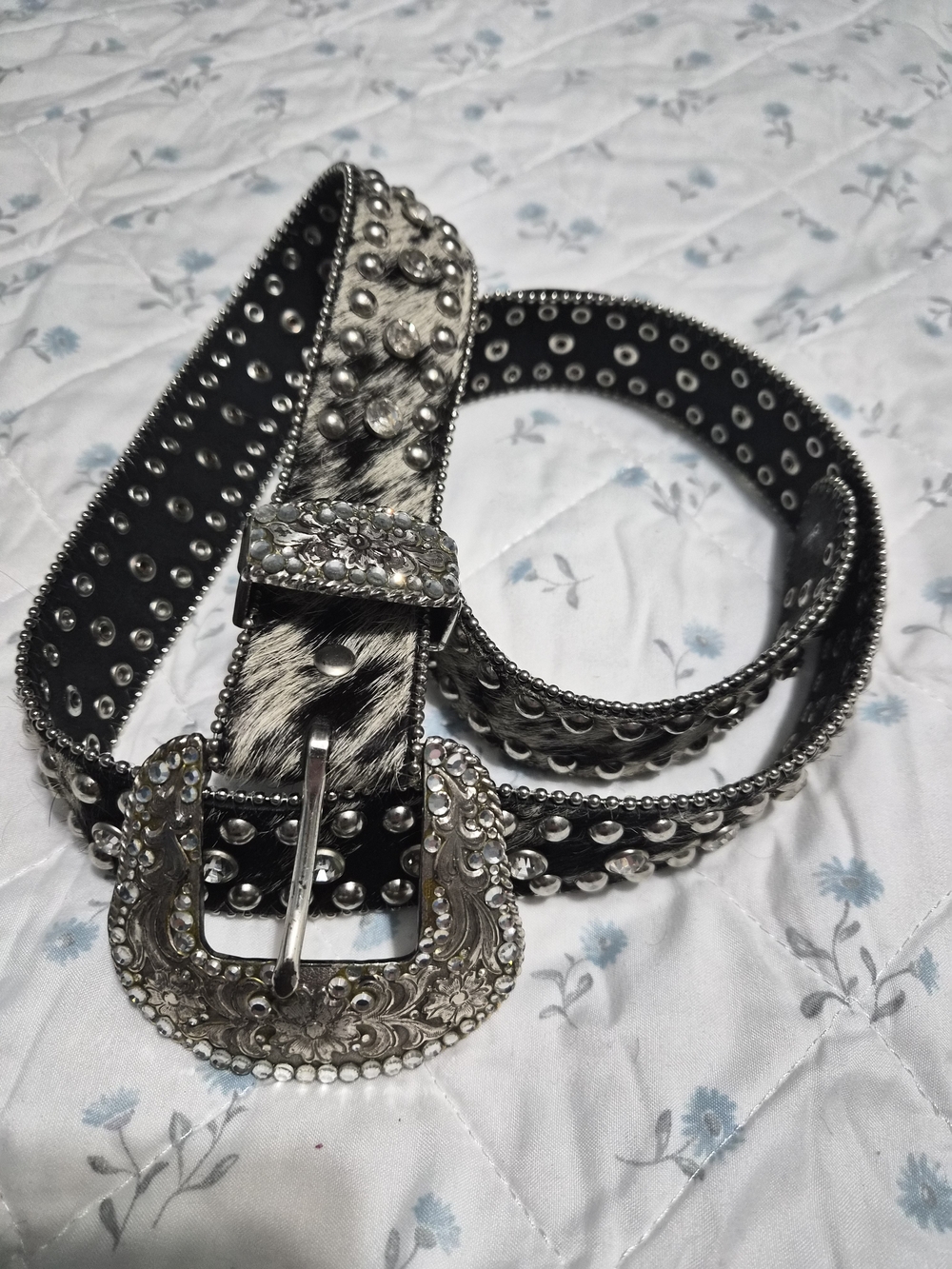 Vintage Nocona Cowhide Calf Hair Rhinestone Western Belt Size Large